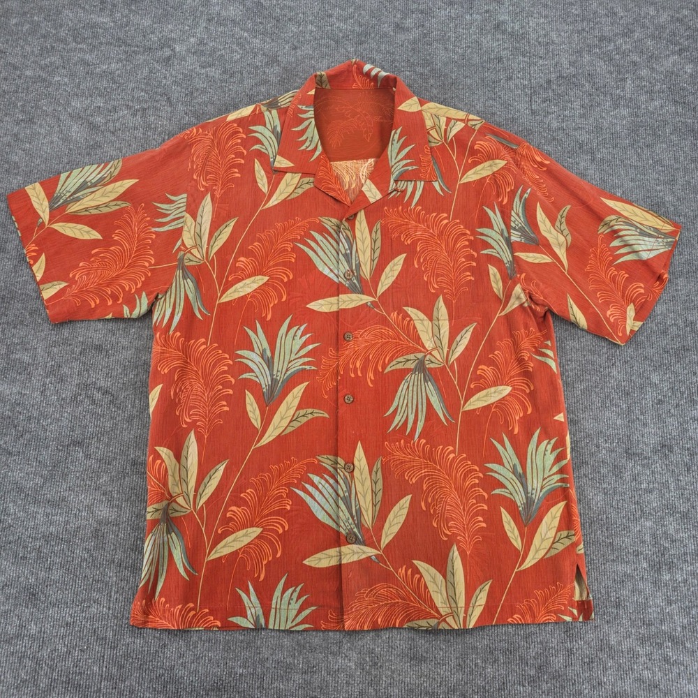 Tommy Bahama Mens XL Silk Tropical Leaf Camp Shirt Burnt Orange Short Sleeve